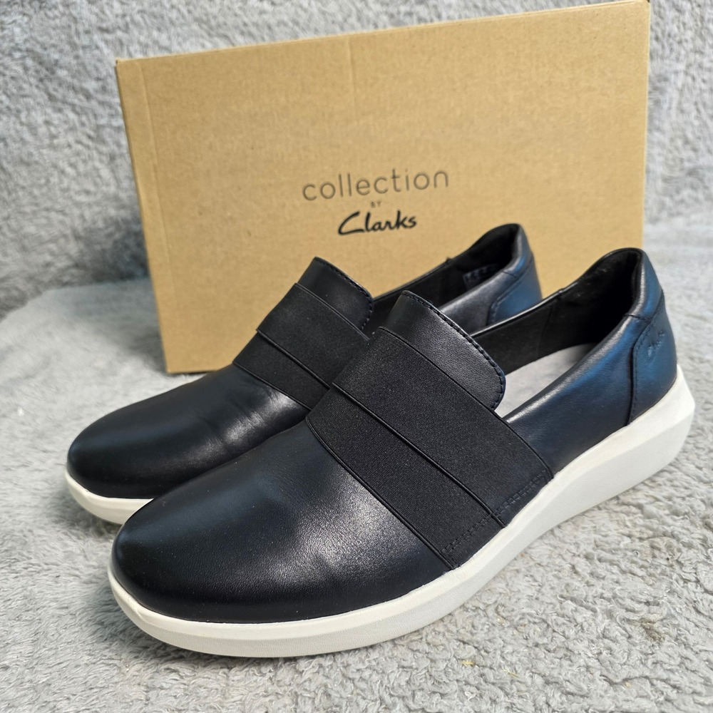 Clarks Collection Kayleigh River Black Leather Slip On Loafers Shoes US 9.5M NEW